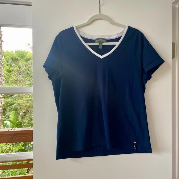L-RL Lauren Active Ralph Lauren Navy V-Neck‎ Short Sleeve T-Shirt, Size XL - Picture 1 of 6